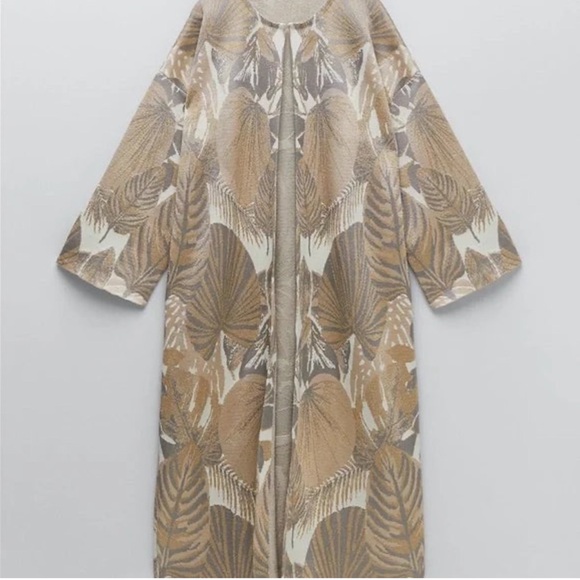 Zara Long Cardigan Coat Coatigan Duster in floral, gold print NWOT Size M - Picture 1 of 14